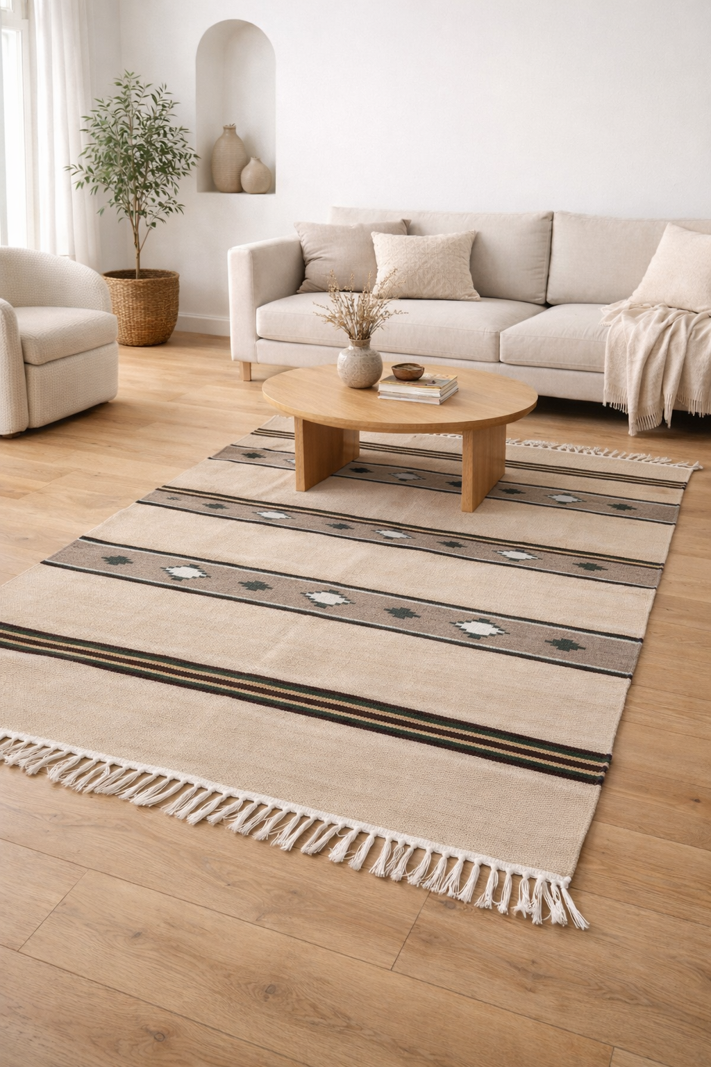 Living room with a striped rug, sofa, and coffee table.