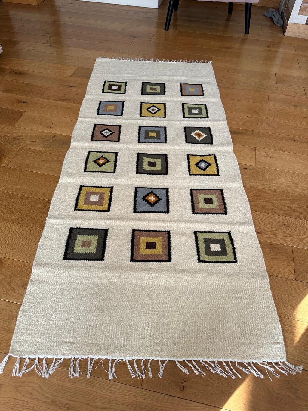Handwoven Wool Runner – Pastel Square Pattern