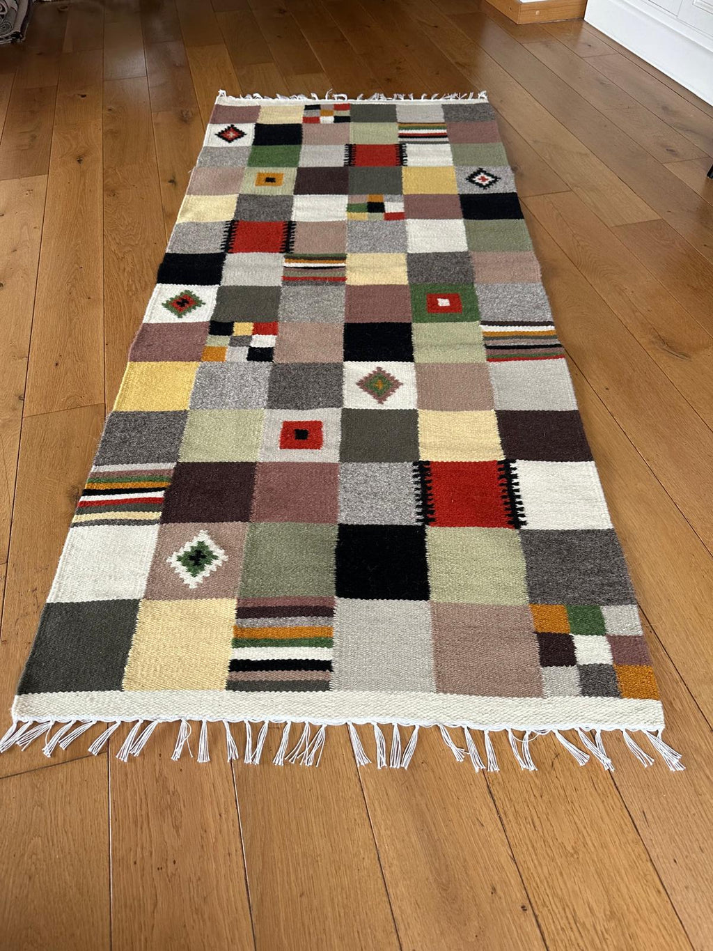 Handwoven Wool Runner – Checkerboard Pattern