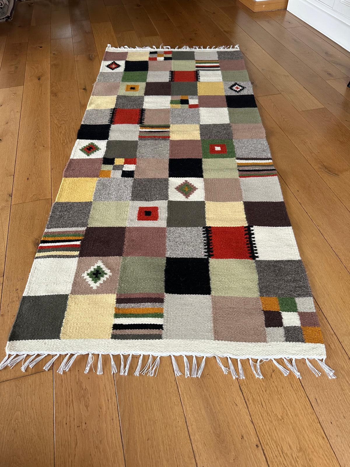 Handwoven Wool Runner – Checkerboard Pattern