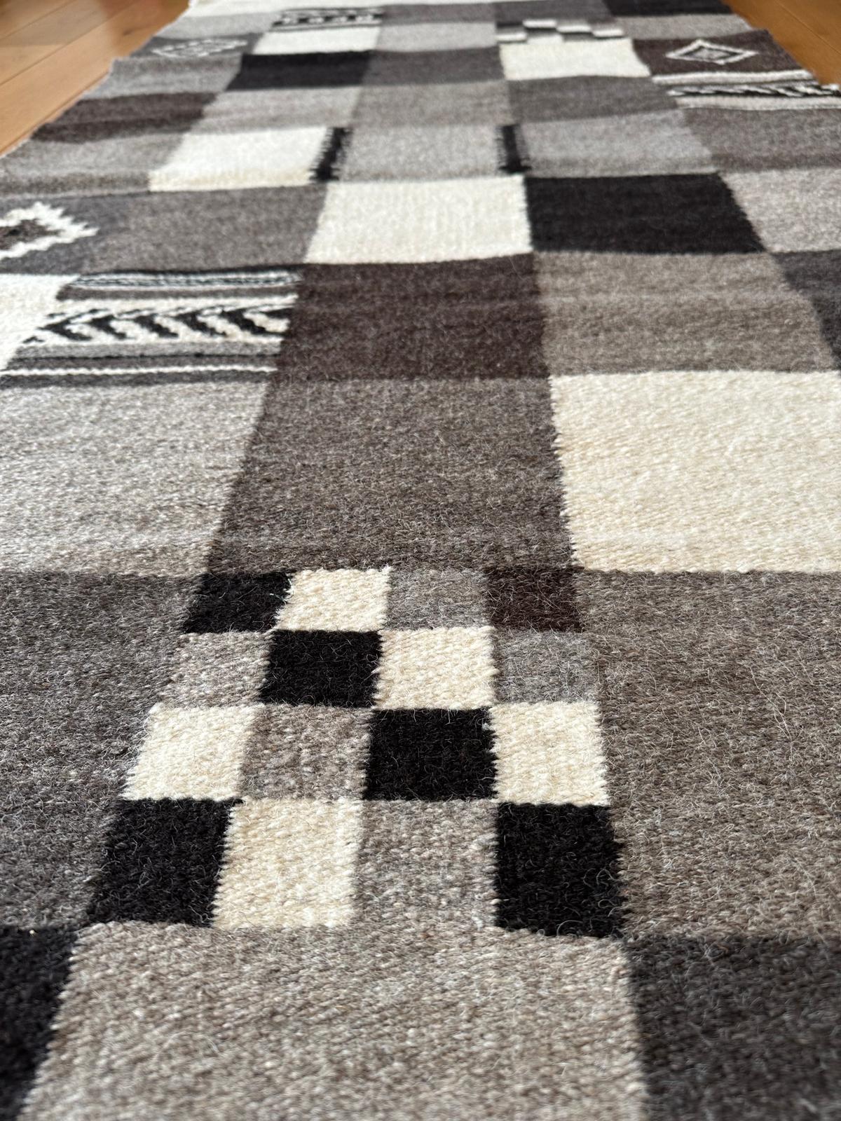 Handwoven Wool Runner – Abstract Checkerboard Pattern