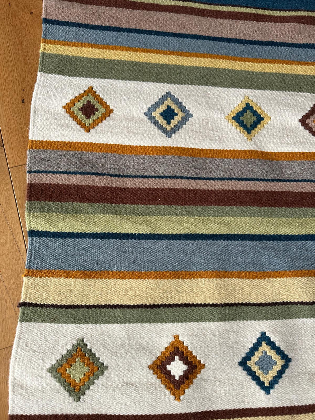 Handwoven Wool Runner – Stripe & Diamond Pattern