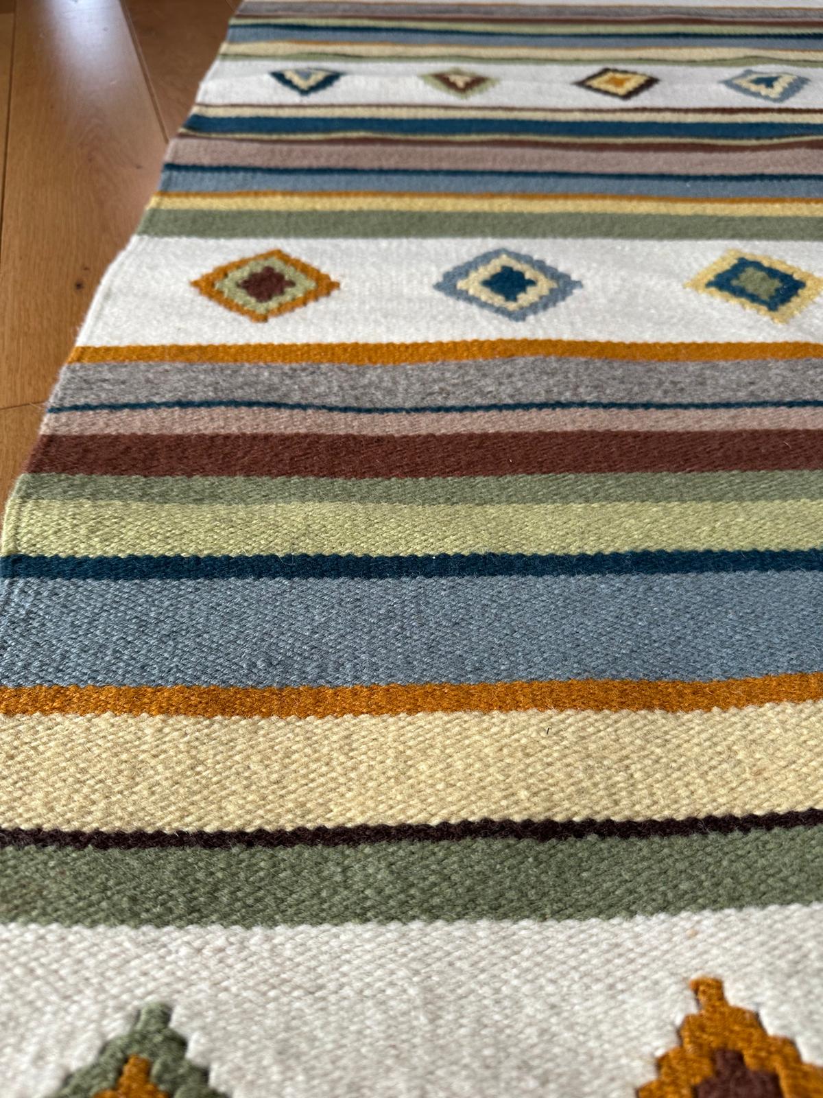 Handwoven Wool Runner – Stripe & Diamond Pattern