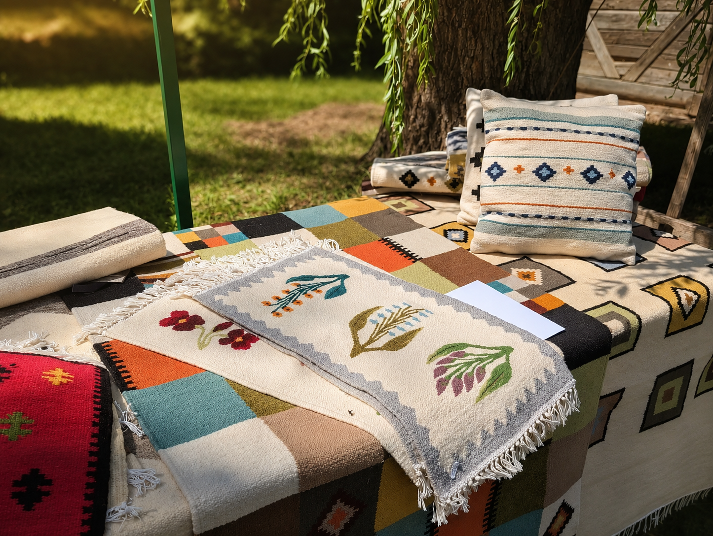 A styled outdoor display of woven textiles, including a central cream-colored fringed throw blanket with embroidered botanical motifs, a colorful geometric patterned table runner, and a patterned throw pillow, set against a background of a tree trunk and green grass.