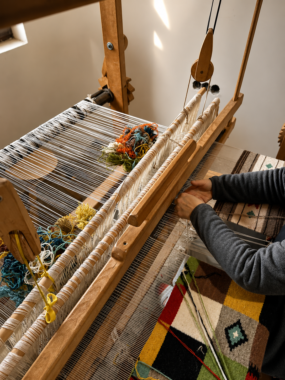 A close-up of a traditional wooden textile loom with threads being woven, showing a person's hands guiding the warp. A colorful woven rug or fabric sample is visible on the table in the foreground.